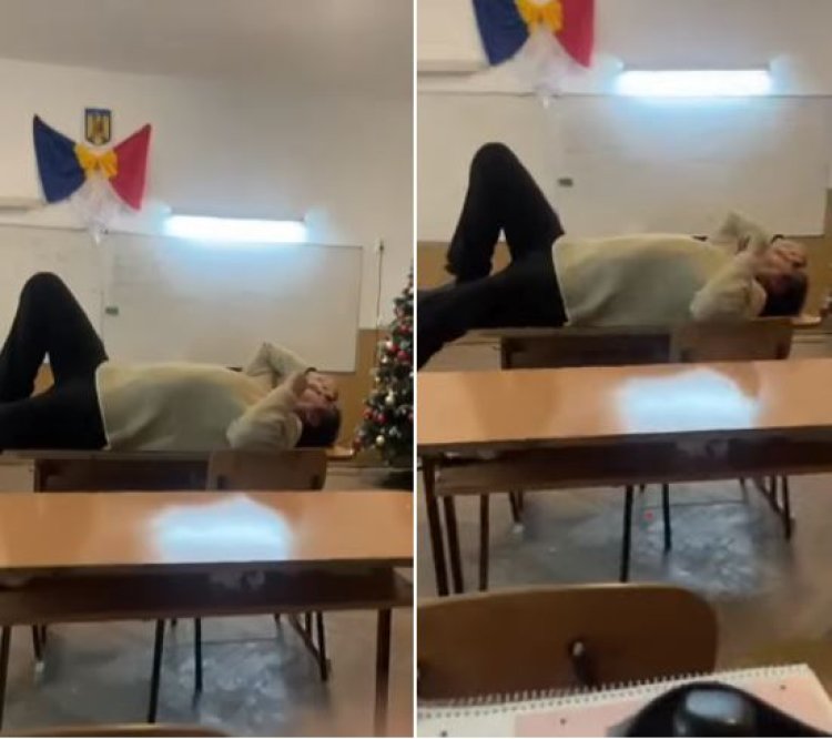 Profesor filmat cum stă întins pe catedră. Elevă: Domnu, vreți să vă facem un masaj?